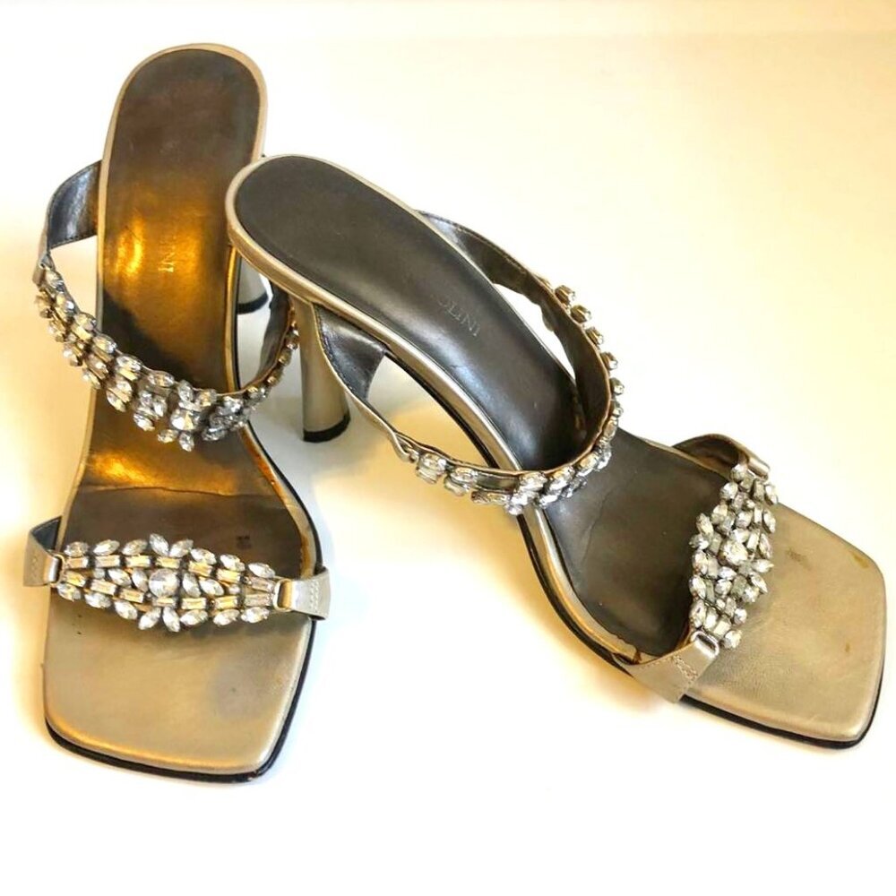 Vintage Y2K ENZO ANGIOLINI Bezella Gold Leather Rhinestone Stiletto Sandals 7.5 - Picture 2 of 8